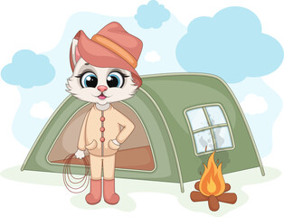 Cute Cartoon Cat Camping with Tent and Fire. Vector Illustration for Kids