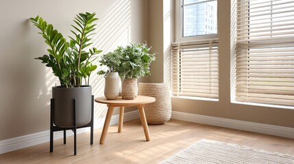 Fototapeta premium A single ZZ plant on a black steel planter stand in a private office suite, sunlight streaming at an angle through venetian blinds creating sharp shadows