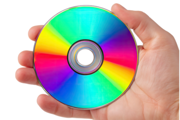 A hand gently cradles a vibrant rainbow disc, a symbol of stored memories and untold stories, against a stark white background.