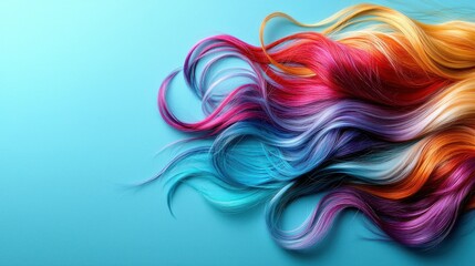 Vibrant, colorful hair strands in a spectrum of hues. Detailed streaks of vibrant rainbow colors intermingle creating a dynamic visual
