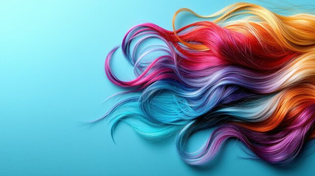 Vibrant, colorful hair strands in a spectrum of hues.  Detailed streaks of vibrant rainbow colors intermingle creating a dynamic visual