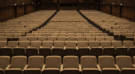 Naklejka premium Empty rows of beige and brown seats in a large auditorium or conference hall, with rows receding into the distance, concept for event venues, presentations and public gatherings