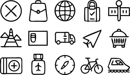 Travel Icon Set for Tourism and Adventure Design. Clean Travel Icons for Apps and Booking Websites.
Minimal Line Icons for Travel and Vacation Projects. Black Outline Travel Icons for Web and Mobile