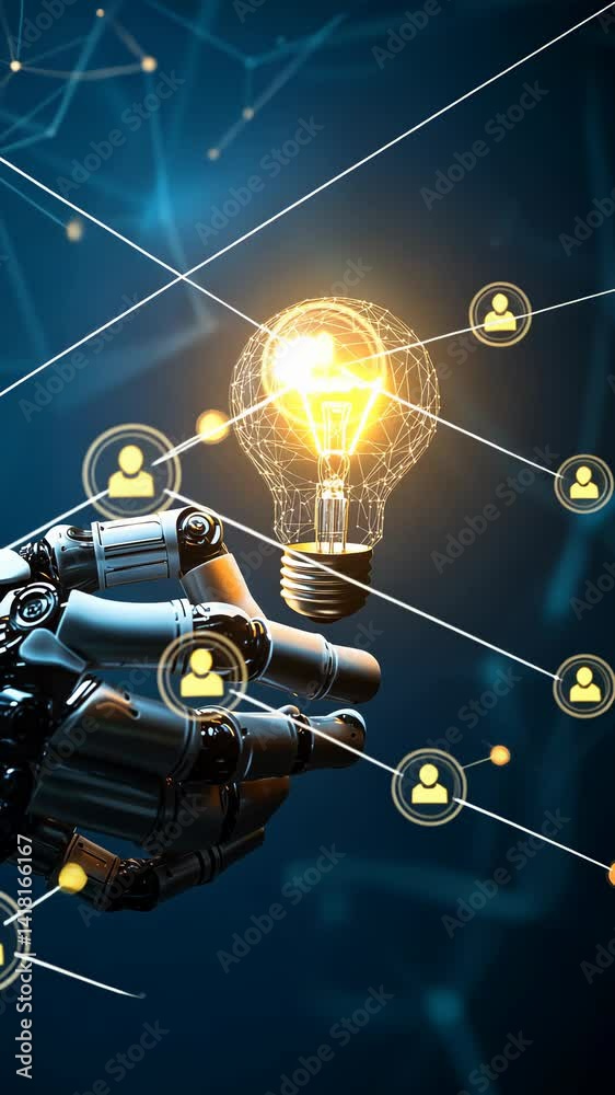 Poster a metallic robotic hand carefully holds a glowing light bulb against a backdrop of abstract intercon