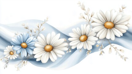 Beautiful floral design featuring daisies and soft blue waves, ideal for decoration and artistic inspiration in home decor settings