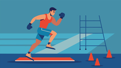 In one corner of the virtual gym a boxer practices their footwork and agility on a virtual agility ladder.. Vector illustration