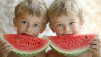 Two boys happily eating watermelon slices under soft sunlight in a cozy kitchen setting