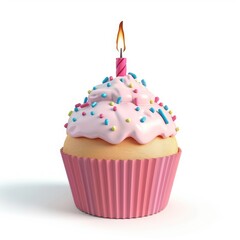 Pink frosted cupcake with a lit candle, perfect for celebration.