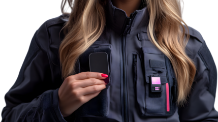 Woman with long blonde hair wearing a dark gray technical jacket with multiple pockets and smal