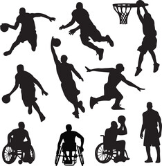 A collection of black silhouette illustrations of basketball players in various action poses, arranged in a grid. 