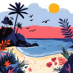 Minimalist Cartoon Beach Sticker Design Evoking Vibrant Coastal Summer Charm