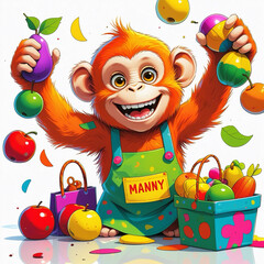 Naklejka premium A shopper monkey with fruits and shopping bags 