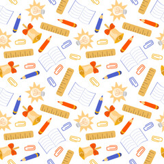 Seamless school-themed pattern with bells, pencils, rulers, and notebooks. Great for Back to School, Knowledge Day, wrapping paper, fabric, stationery, classroom decor, and digital use.