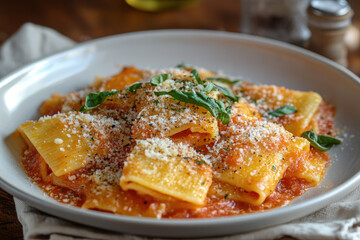 White bowl filled with pasta and sauce on a wooden table, garnished with basil leaves and grated parmesan cheese, inviting the viewer to enjoy a delicious Italian meal.