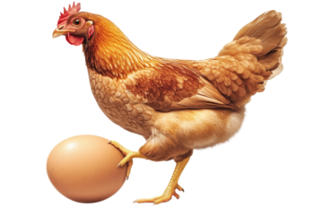 A proud hen delicately presenting her freshly laid egg against a bright white background.
