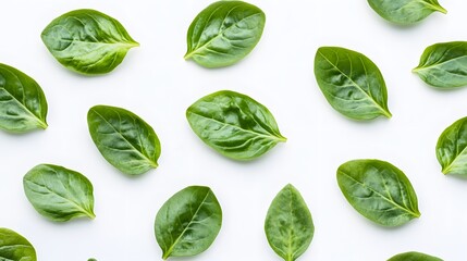 Fototapeta premium Fresh green spinach leaves arranged on a white background. A vibrant, healthy, and visually appealing pattern perfect for food blogs, health websites, or cookbook illustrations.