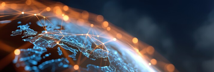 An artistic depiction of the Earth featuring glowing connections and a network, symbolizing global communication and technological advancements in a digital age.