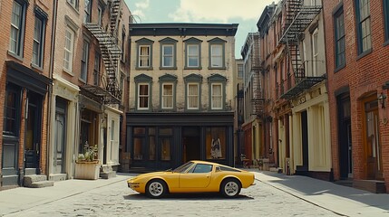 Fototapeta premium Classic yellow car parked on cobblestone street between aged buildings
