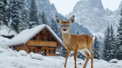 Winter deer in front of a snow-covered chalet