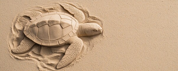 World oceans day with sustainability and protection idea. Turtle sand sculpture on sandy beach.