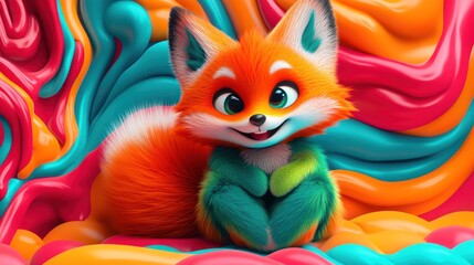 Cute fox amidst colorful swirls, digital art