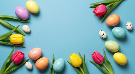 Easter Eggs and Colorful Tulips on Pastel Blue Background &ndash; Spring Holiday Flat Lay

