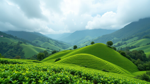 Tea plantations on rolling hills under a bright sky with clouds.