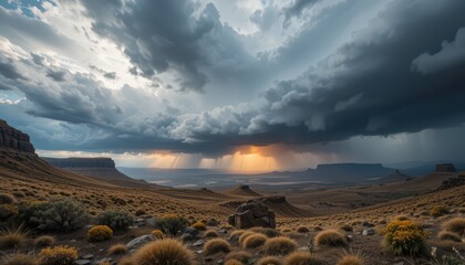 Dramatic Cloud Formation Over Desert Landscape at Sunset