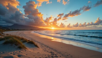 Serene Sunset Over Calm Beach with Colorful Clouds and Waves