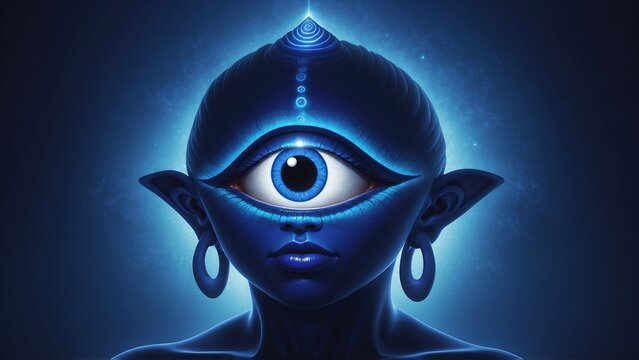 Blue-skinned figure with third eye expressing serenity against dark backdrop