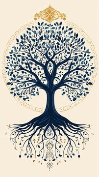 Flat art style icon of a sacred tree of life with tribal ancestral symbols, minimal geometric lines and neutral tones