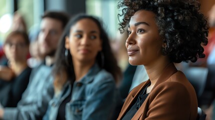 Fototapeta premium Attentive young woman listens intently during a con