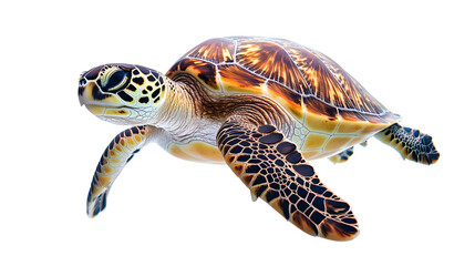 Obraz premium Close-up of a beautiful sea turtle swimming against a white background.