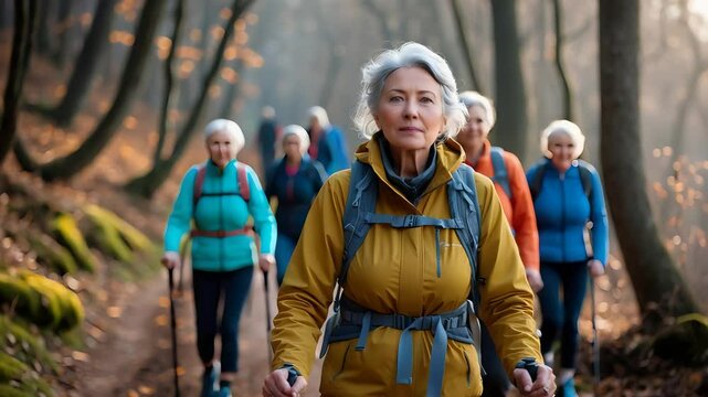 Group of Senior Women Enjoying a Hiking Adventure in the Forest, Trekking Together on a Scenic Trail in the Early Morning Light

