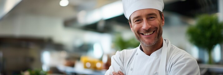 A cheerful chef poses with confidence in a professional kitchen, representing culinary passion, creativity, and the joy that comes from sharing delicious meals with others.