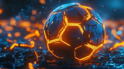 Fototapeta premium Futuristic sphere glows, fiery ground, abstract art