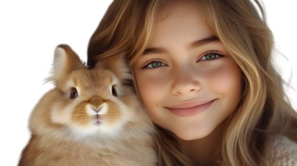 Adorable Girl with Fluffy Bunny Rabbit Close Up