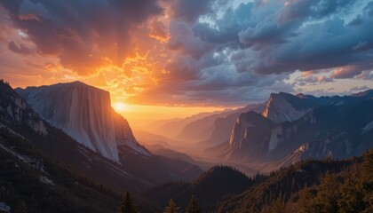 Obraz premium Breathtaking Sunset Over Majestic Mountain Landscape in Valley