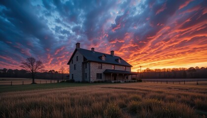 Fototapeta premium Serene Country House Under Vibrant Sunset with Dramatic Clouds