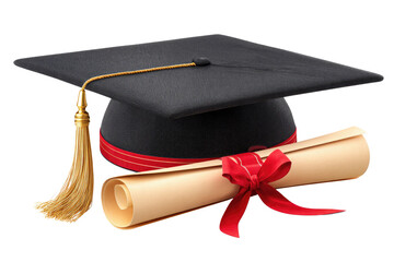 A black graduation cap and a diploma tied with a red ribbon, signifying academic achievement and the culmination of years of hard work and dedication, against a clean white background.