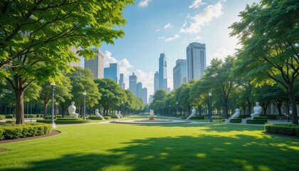 Lush Urban Park with Modern Skyscrapers under Bright Blue Sky
