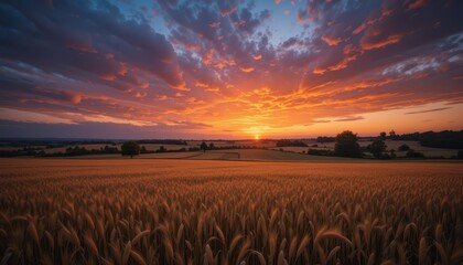 Golden Wheat Field Under Dramatic Sunset Sky with Colorful Clouds