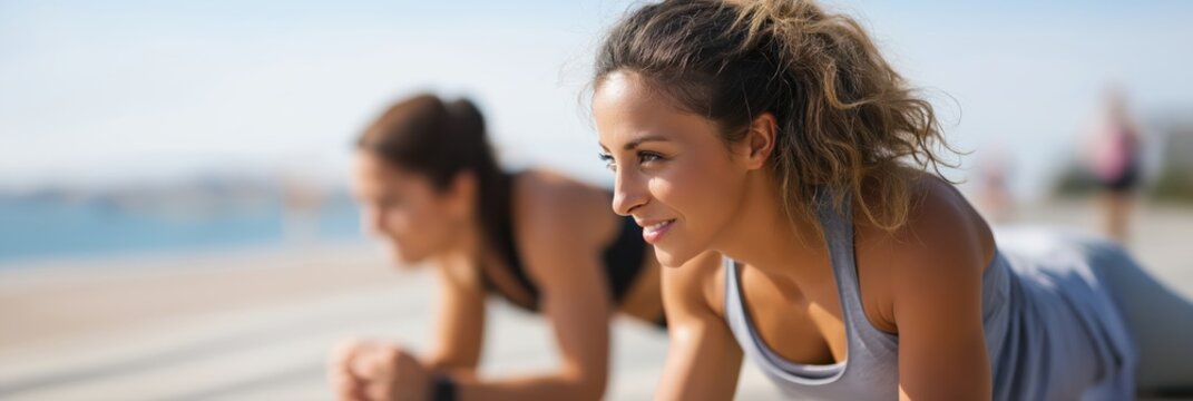 The image showcases two women performing planks on a sunny day by the beach, emphasizing strength, determination, and the joy of outdoor fitness and friendship.