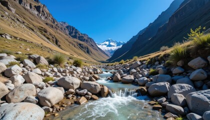 Serene Mountain Stream Amidst Majestic Rocky Landscapes in Nature