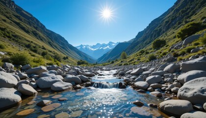 Fototapeta premium Serene Mountain Stream Flowing Through Rocky Valley Under Bright Sun