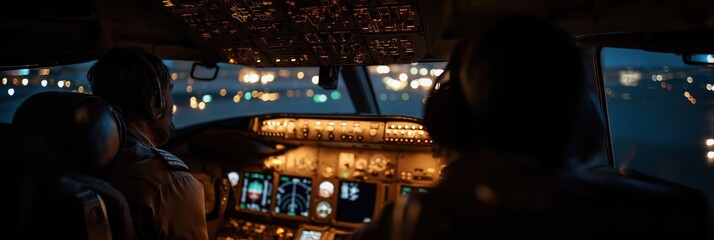 This image captures the intricate cockpit of an aircraft illuminated by vibrant lights during night operations, showcasing the complex technology behind flying.