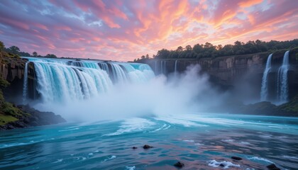 Majestic Waterfall with Colorful Sunset and Misty Atmosphere