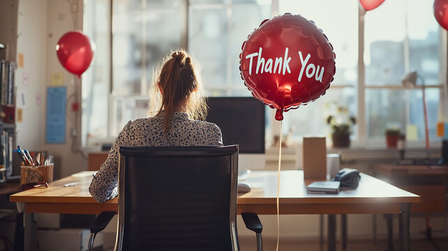 Woman sitting at desk with Thank You balloon in modern office
