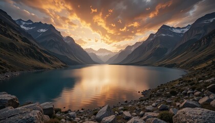 Obraz premium Stunning Mountain Lake at Sunset with Dramatic Cloud Reflections