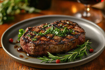 Juicy steak sizzling on a hot grill, emitting mouthwatering aroma, seared to perfection with grill marks, garnished with fresh herbs.